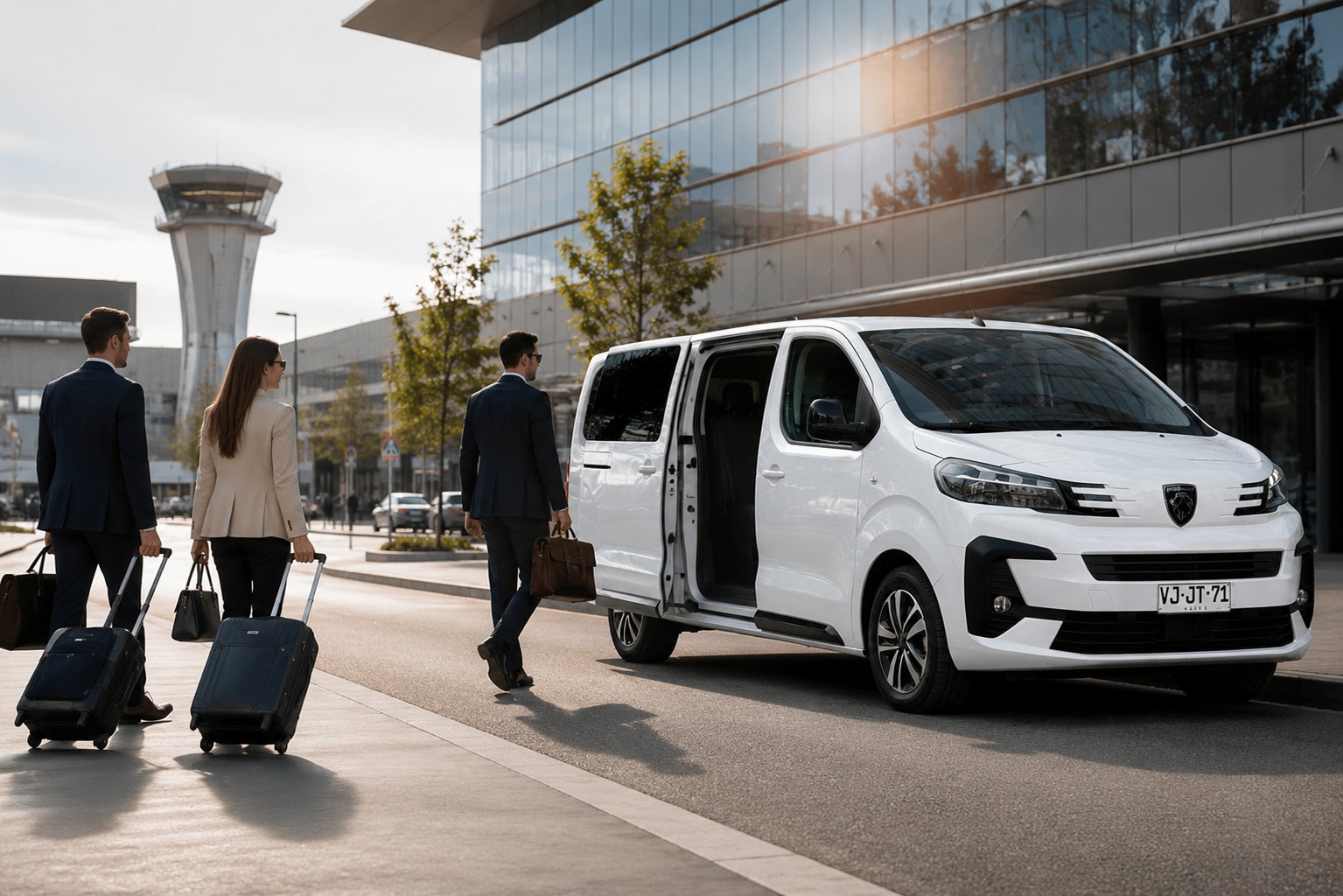 Pasajeros acercándose al Peugeot Traveller de GIANECTOUR en el aeropuerto