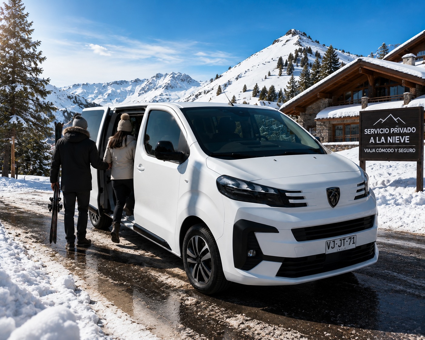 Pasajeros abordando un Peugeot Traveller blanco en un viaje a la nieve